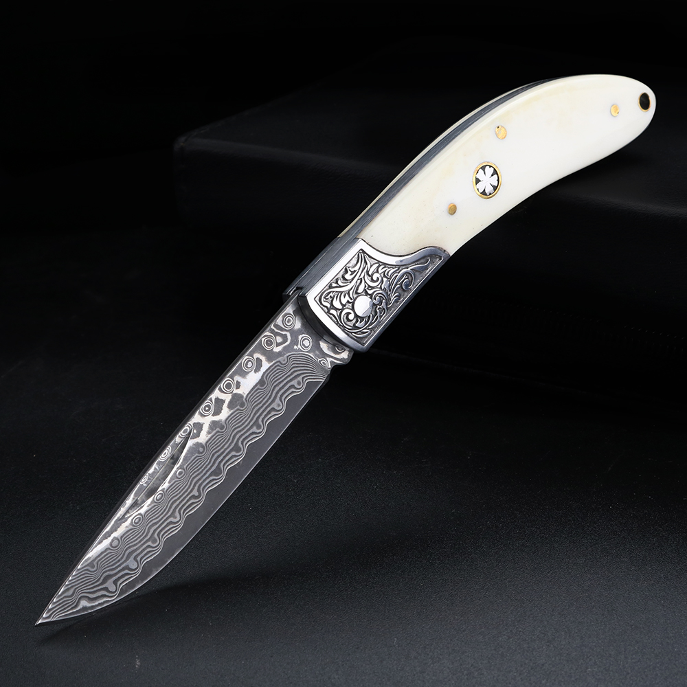 Bone Folder Tool - Klappmesser aus Damaszener Stahl mit Bullenbein-Griff,